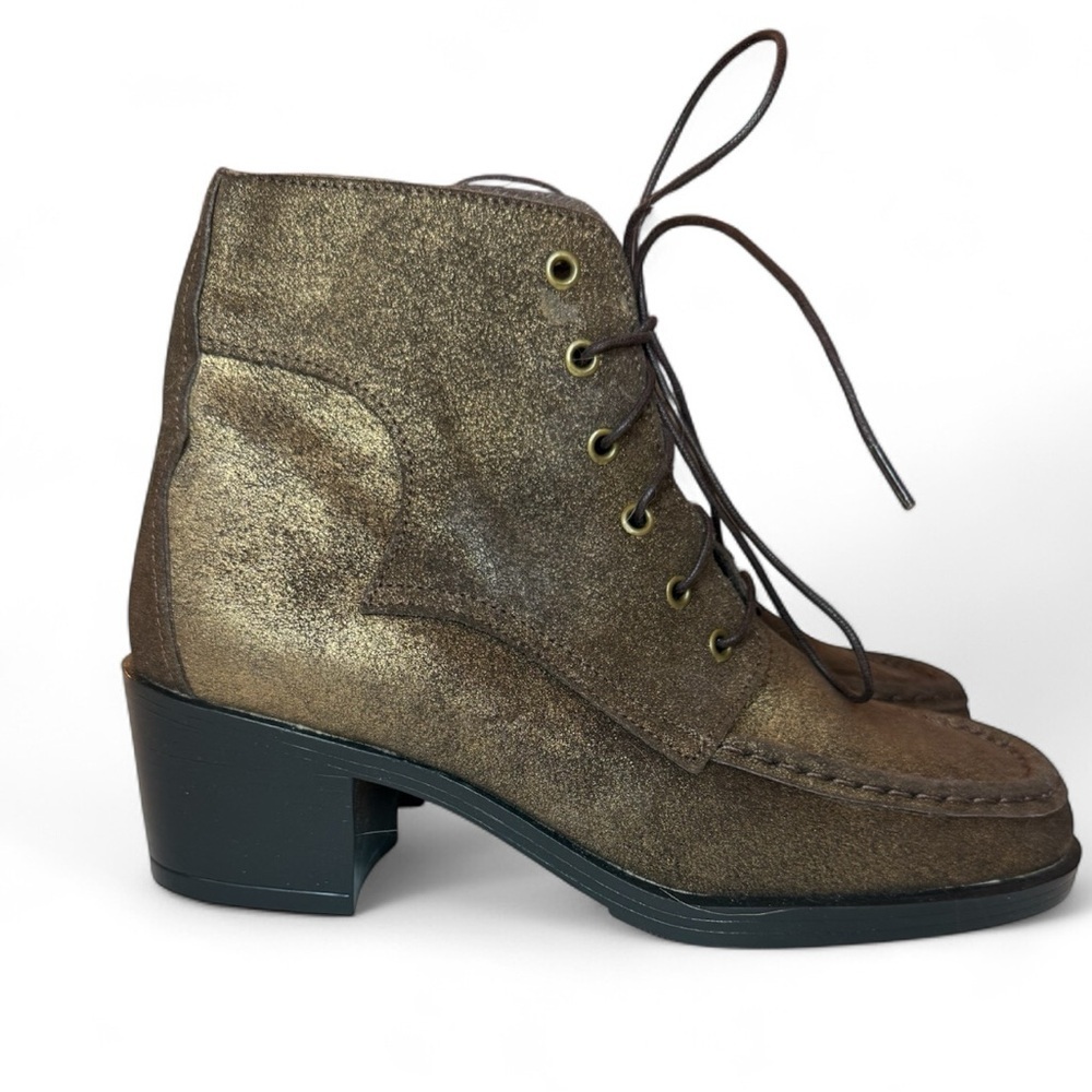 Scruples Lace Up Ankle Boot Moc-toe Metallic Distressed Bronze Gold Western Sz 8